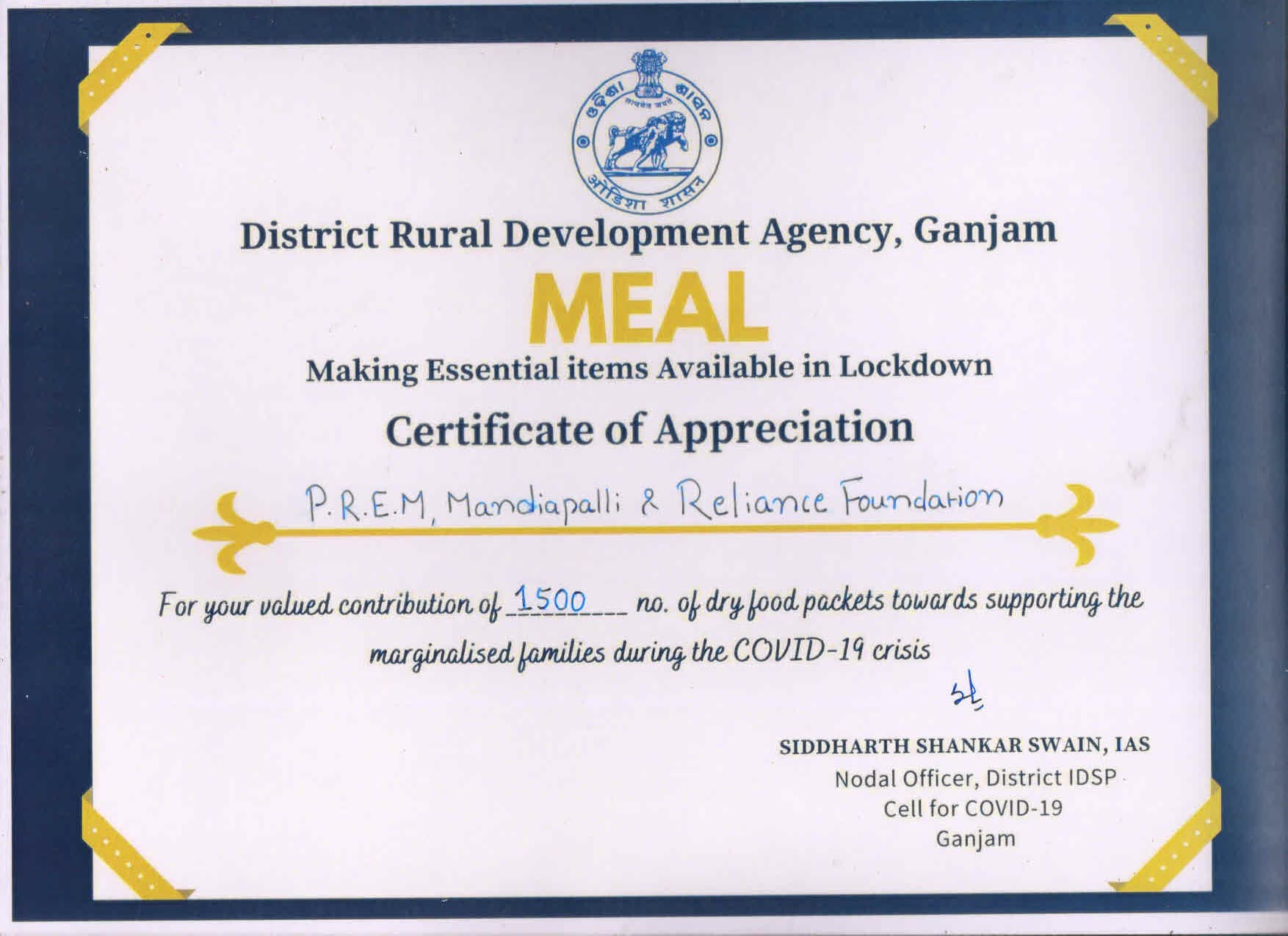 Certificate of appreciation given by (DRDA) District Rural Development Agency Ganjam for distribution of dry ration kit to the marginalized families during Covid-19 Pandemic