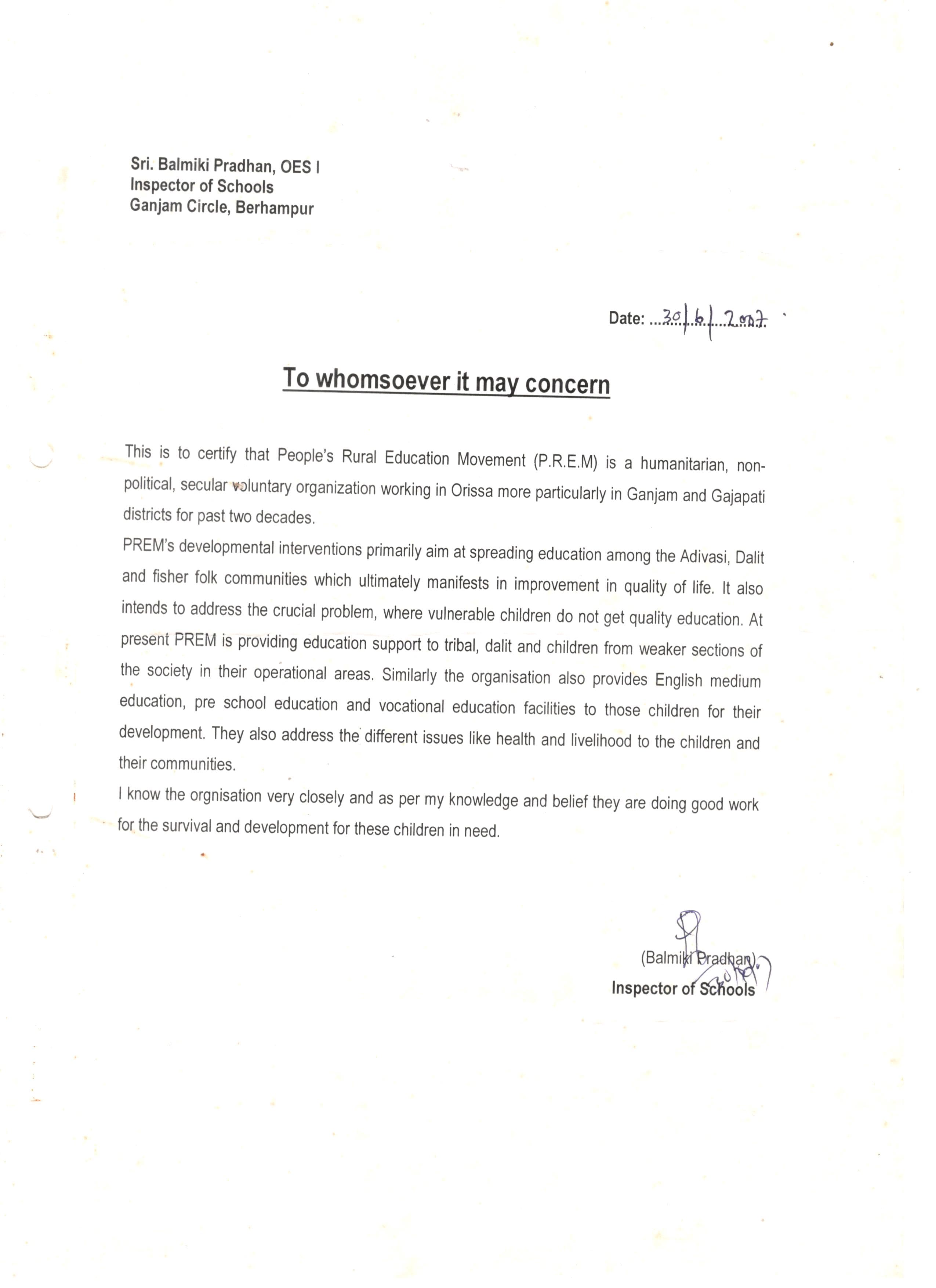 Appreciation letter from Inspector of Schools, Ganjam for PREM’s outstanding work in the field of English Medium Education, Odia Medium Education, Pre School-Education and Vocational Education in the Ganjam District